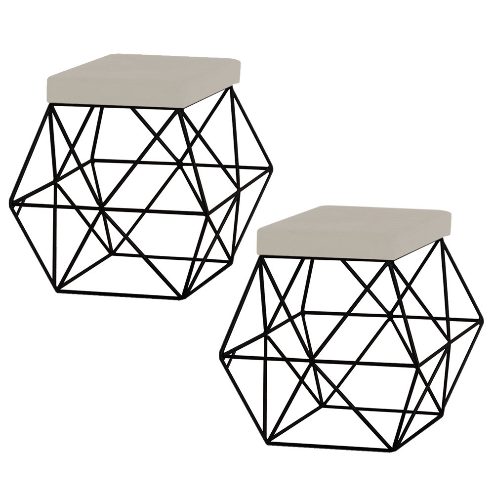 Kit 2 Puffs Decorativo Sala de Estar Base Preto Trixie Suede Bege G41 - Gran Belo