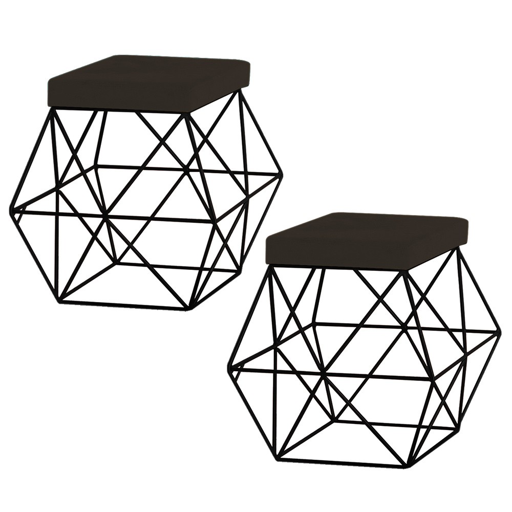 Kit 2 Puffs Decorativo Sala de Estar Base Preto Trixie Suede Marrom - Gran Belo