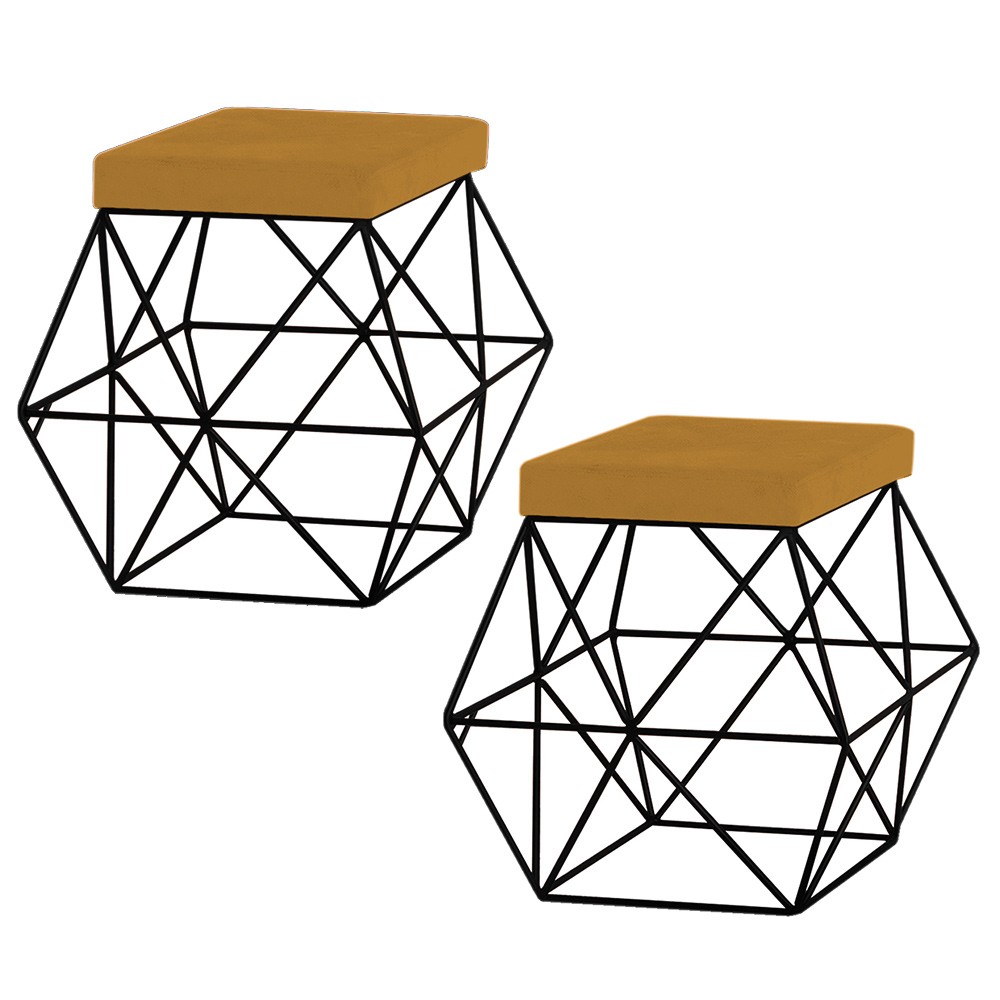 Kit 2 Puffs Decorativo Sala de Estar Base Preto Trixie Suede Mostarda G41 - Gran Belo