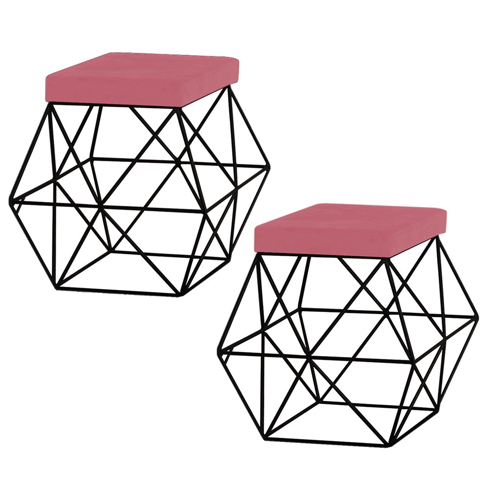 Kit 2 Puffs Decorativo Sala de Estar Base Preto Trixie Suede Rosa G41 - Gran Belo