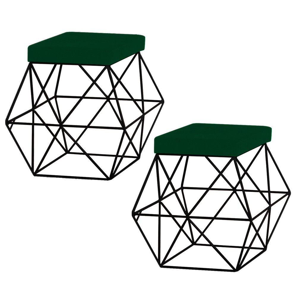 Kit 2 Puffs Decorativo Sala de Estar Base Preto Trixie Suede Verde G41 - Gran Belo