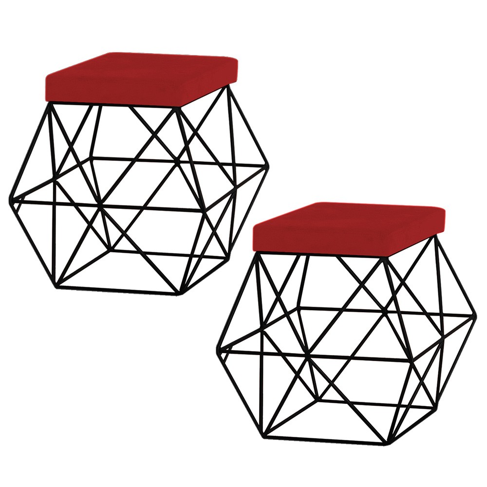 Kit 2 Puffs Decorativo Sala de Estar Base Preto Trixie Suede Vermelho G41 - Gran Belo