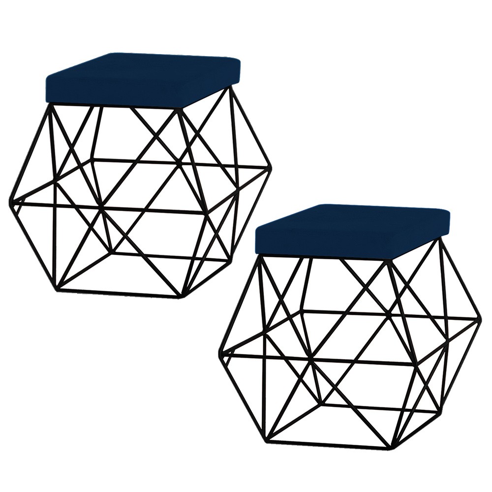 Kit 2 Puffs Decorativo Sala de Estar Base Preto Trixie Veludo Azul G41 - Gran Belo