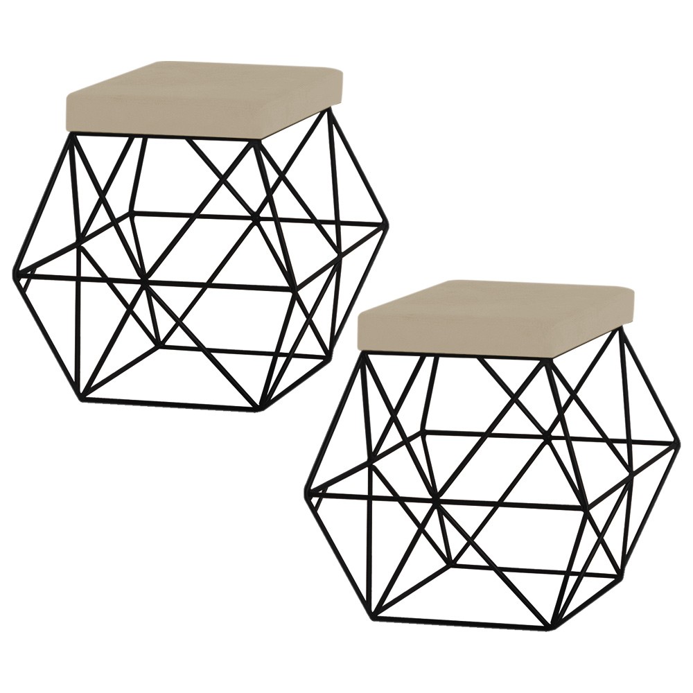 Kit 2 Puffs Decorativo Sala de Estar Base Preto Trixie Veludo Bege - Gran Belo