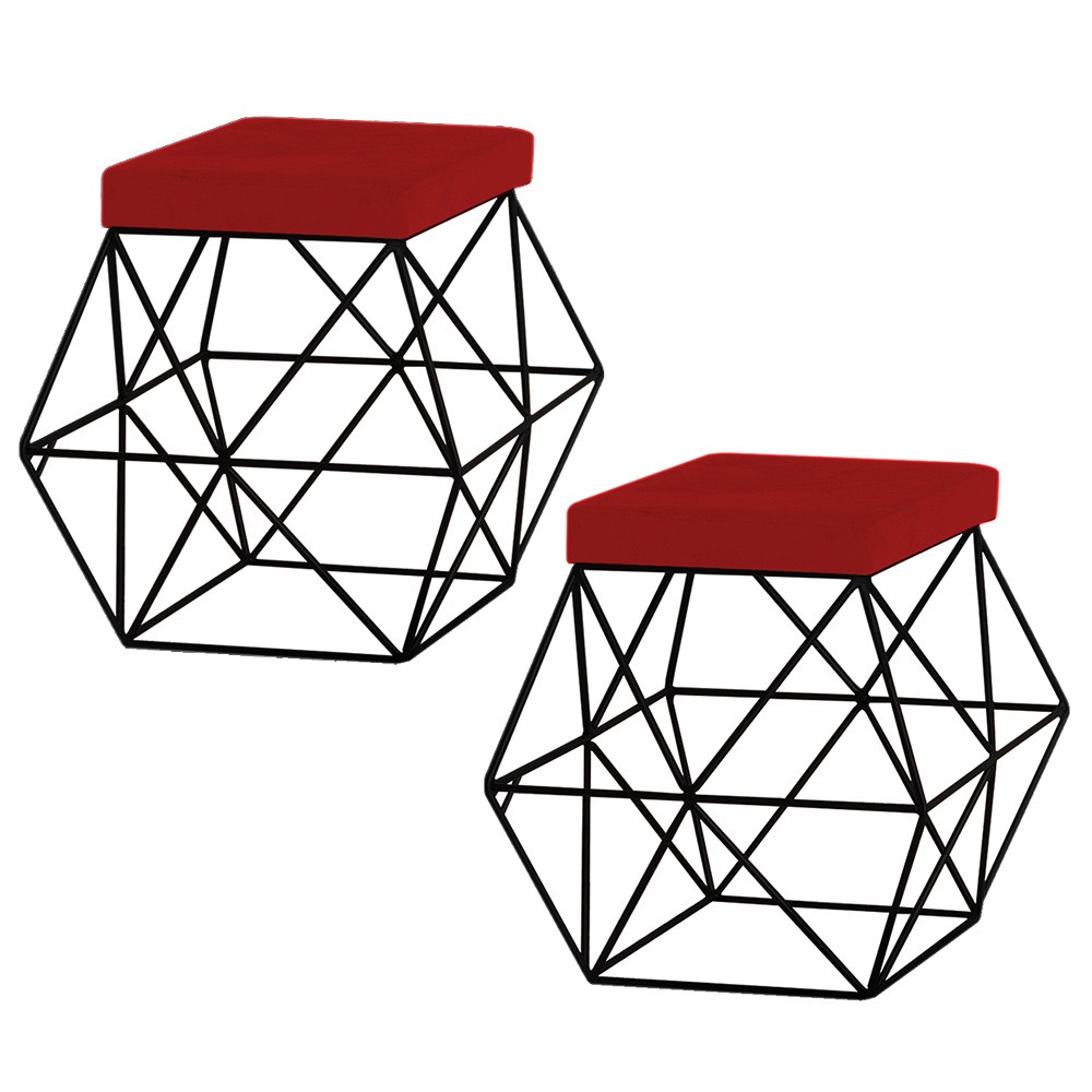 Kit 2 Puffs Decorativo Sala de Estar Base Preto Trixie Veludo Vermelho G41 - Gran Belo