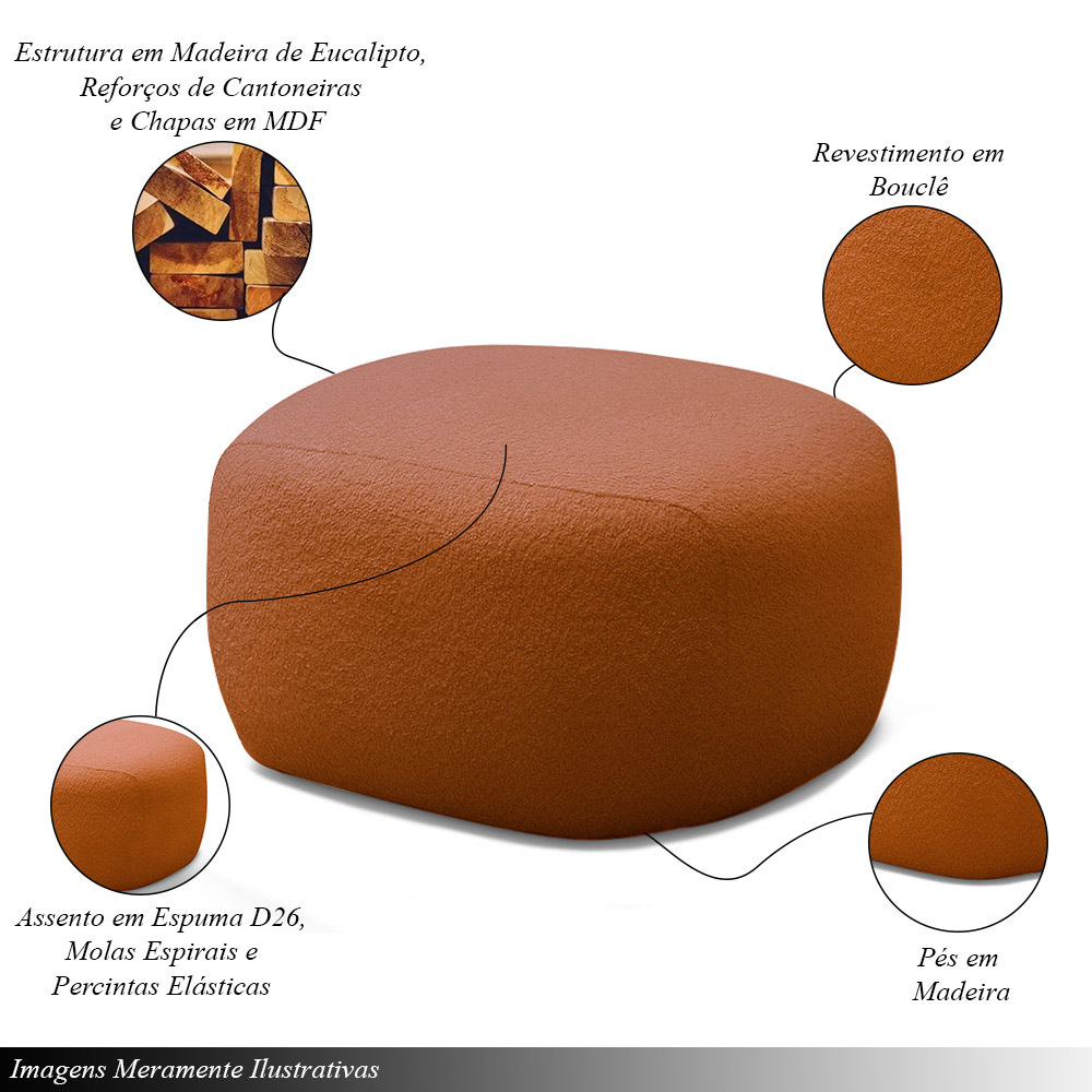 Kit 2 Puffs Decorativos Charlote Sala de Estar Pés em Madeira Bouclê Terracota G88 - Gran Belo
