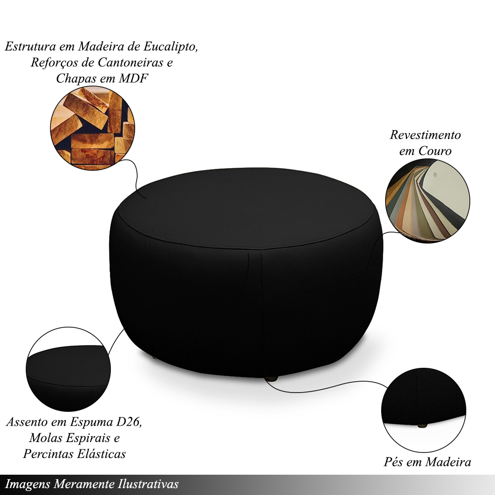 Kit 2 Puffs Decorativos Mariele Sala de Estar Pés em Madeira Couro Preto G88 - Gran Belo