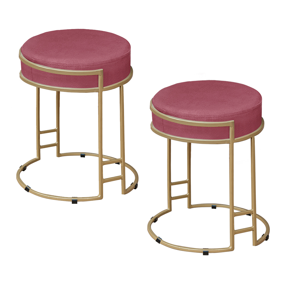 Kit 2 Puffs Decorativos Redondo Sakura Base Metal Dourado Suede Rosa G41 - Gran Belo
