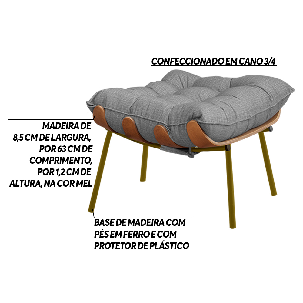 Kit 2 Puffs Decorativos Sala de Estar Abel Base de Madeira Dourada Linho Cinza G41 - Gran Belo