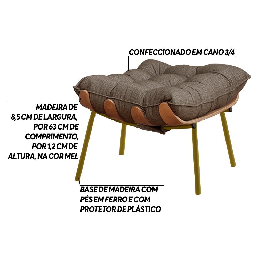 Kit 2 Puffs Decorativos Sala de Estar Abel Base de Madeira Dourada Linho Marrom G41 - Gran Belo