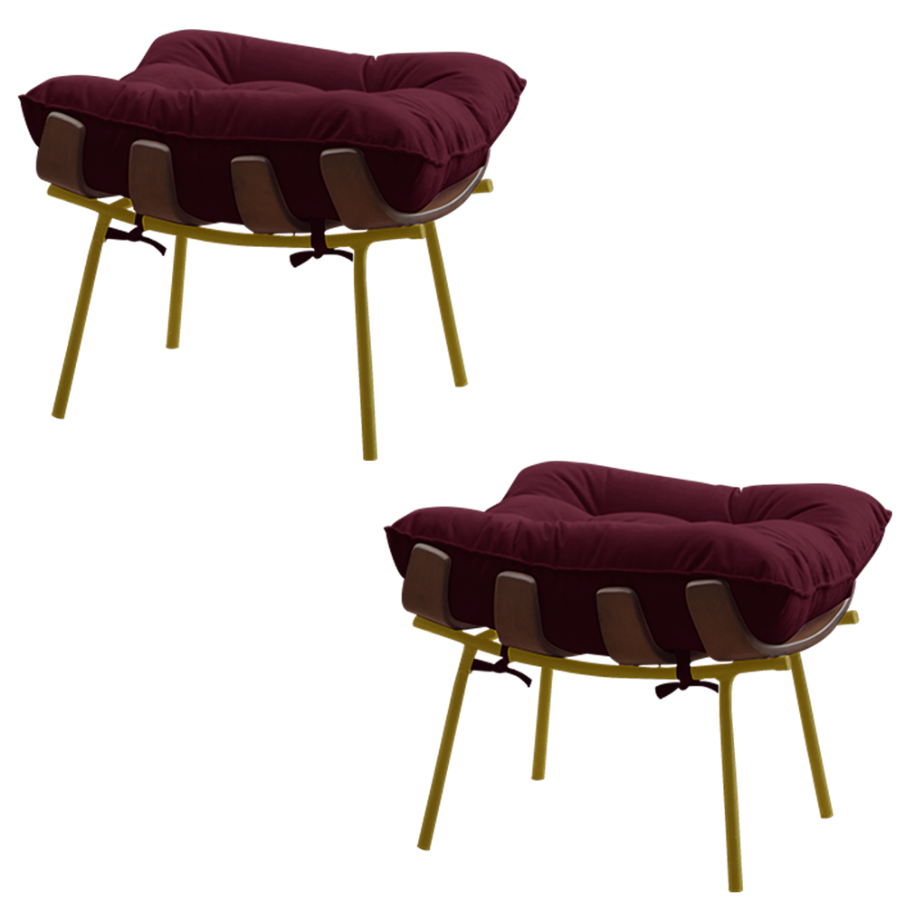 Kit 2 Puffs Decorativos Sala de Estar Abel Base de Madeira Dourada Suede Bordô G41 - Gran Belo