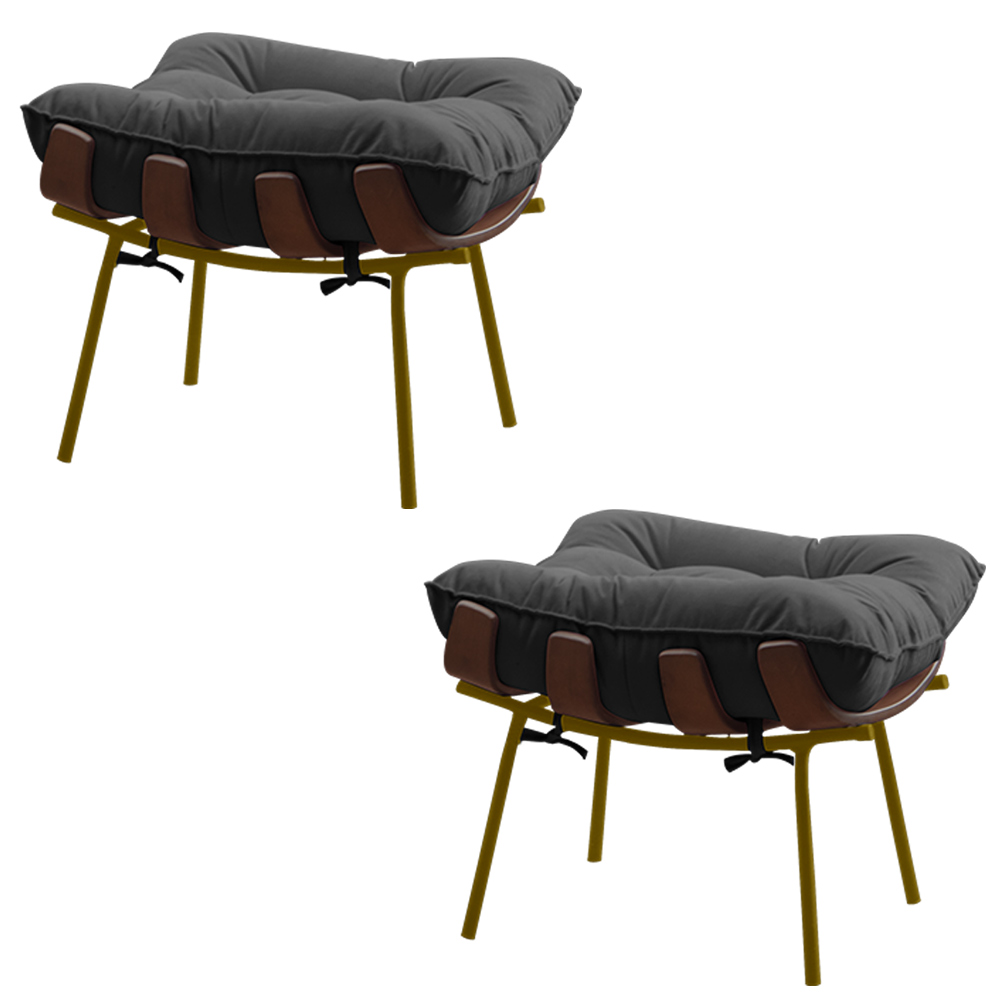 Kit 2 Puffs Decorativos Sala de Estar Abel Base de Madeira Dourada Suede Cinza - Gran Belo