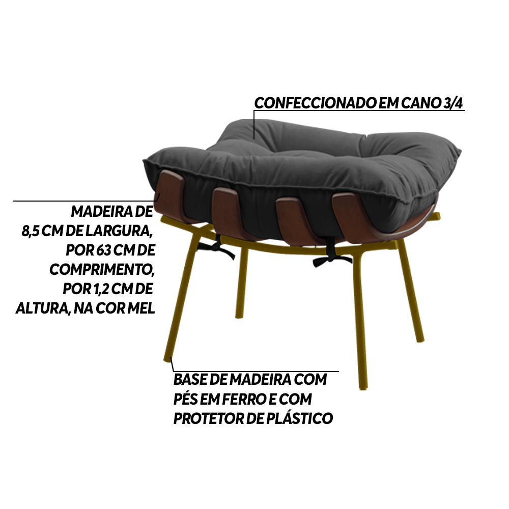 Kit 2 Puffs Decorativos Sala de Estar Abel Base de Madeira Dourada Suede Cinza - Gran Belo