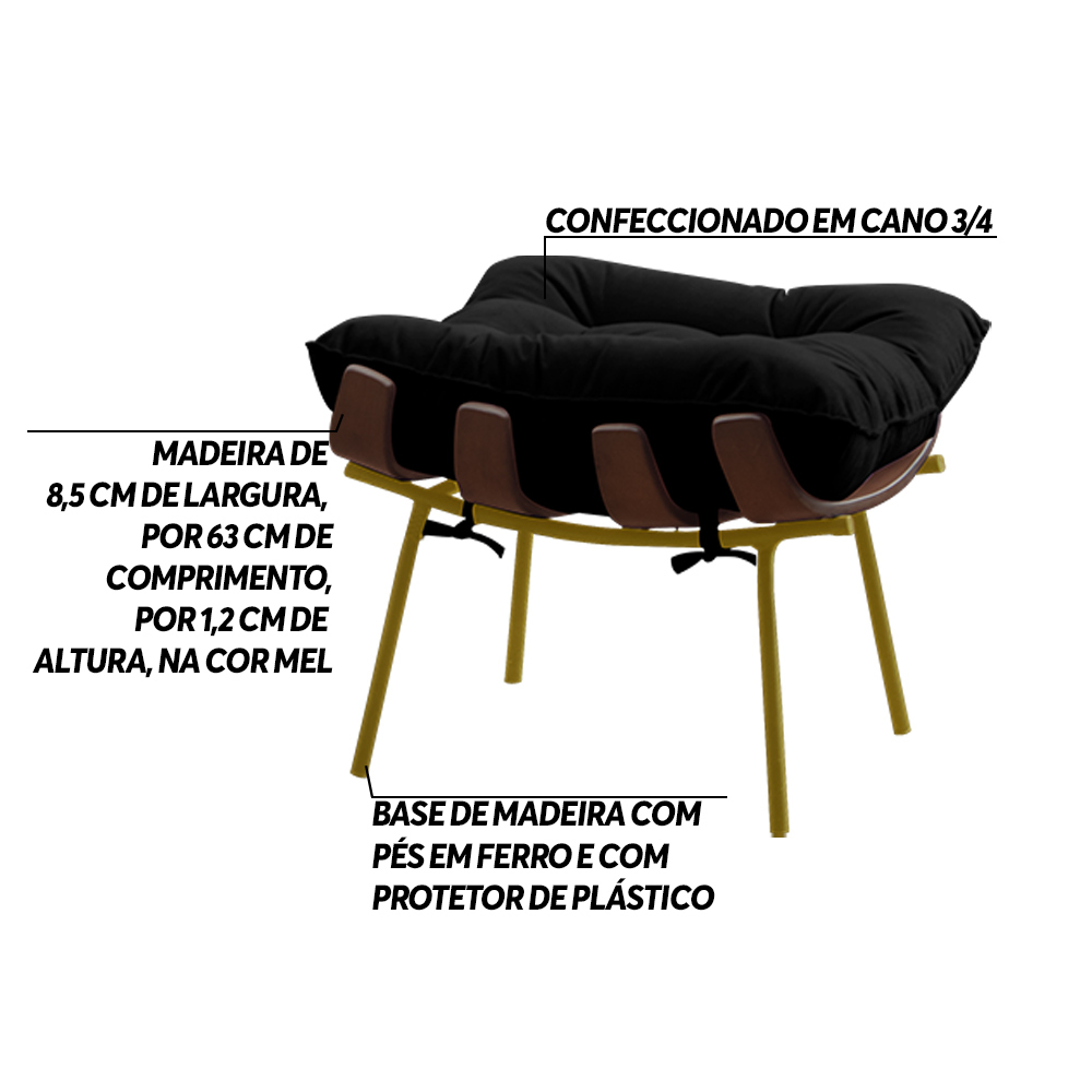 Kit 2 Puffs Decorativos Sala de Estar Abel Base de Madeira Dourada Veludo Preto G41 - Gran Belo