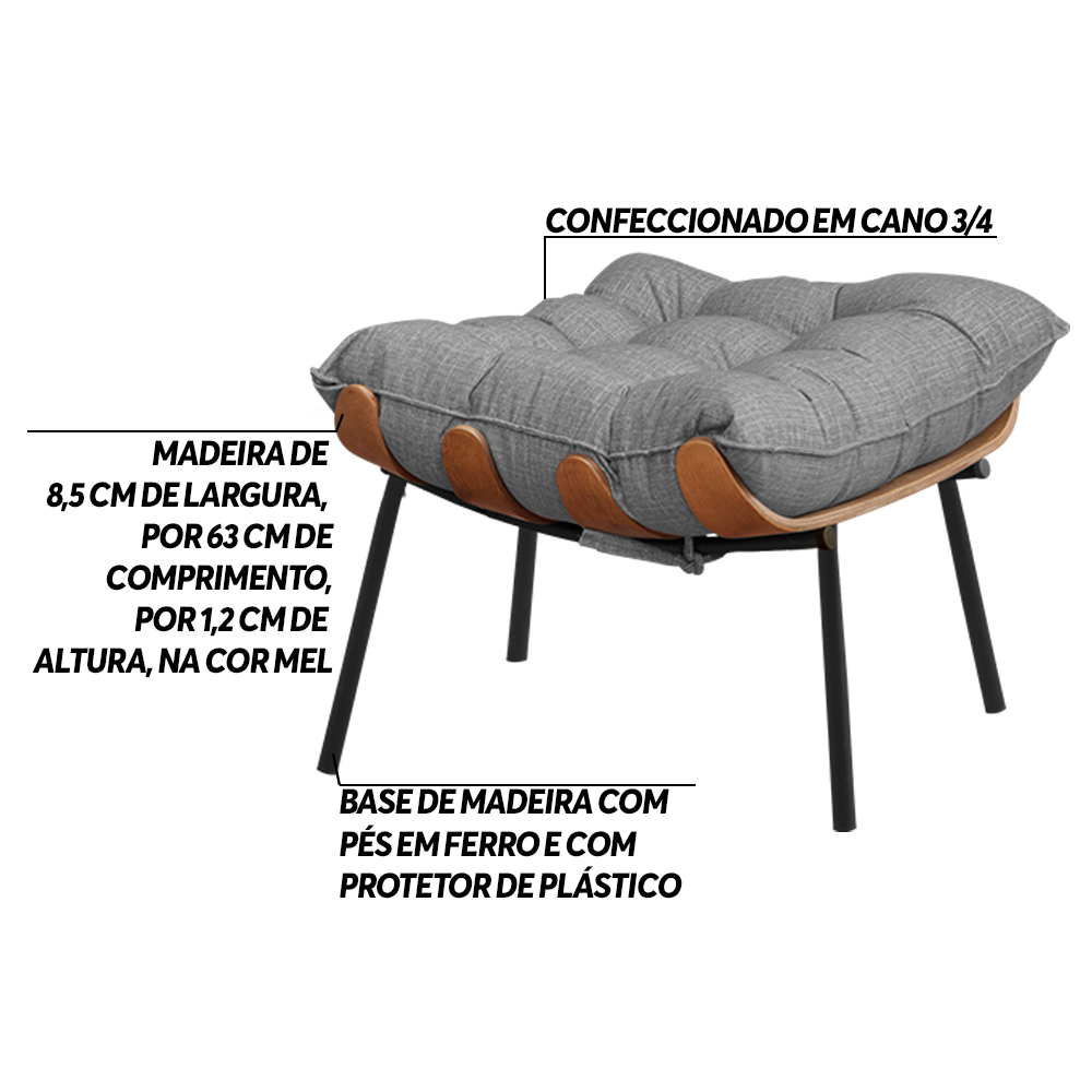Kit 2 Puffs Decorativos Sala de Estar Abel Base de Madeira Preto Linho Cinza G41 - Gran Belo