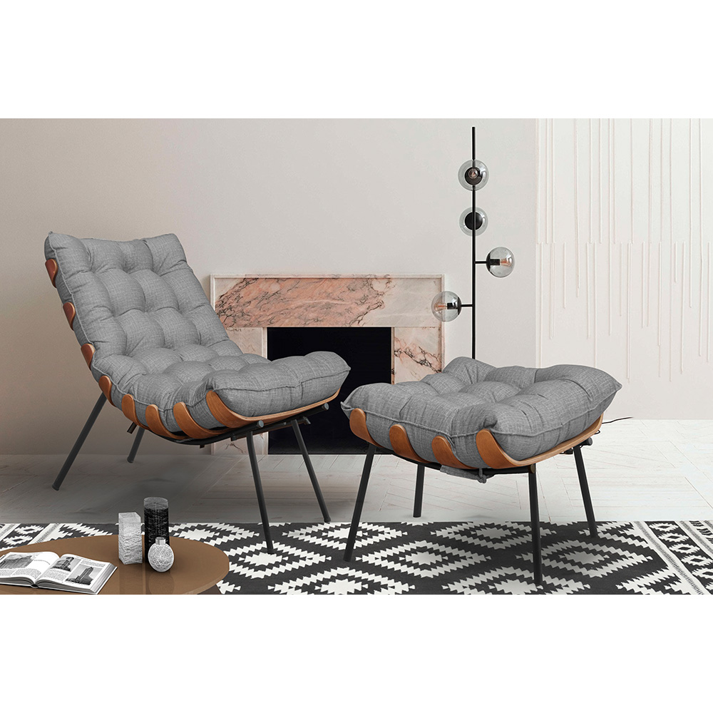 Kit 2 Puffs Decorativos Sala de Estar Abel Base de Madeira Preto Linho Cinza G41 - Gran Belo