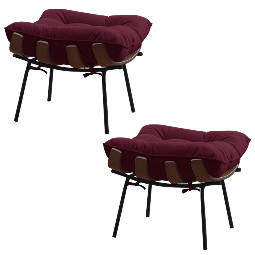Kit 2 Puffs Decorativos Sala de Estar Abel Base de Madeira Preto Suede Bordô G41 - Gran Belo
