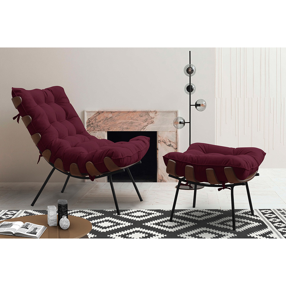 Kit 2 Puffs Decorativos Sala de Estar Abel Base de Madeira Preto Suede Bordô G41 - Gran Belo