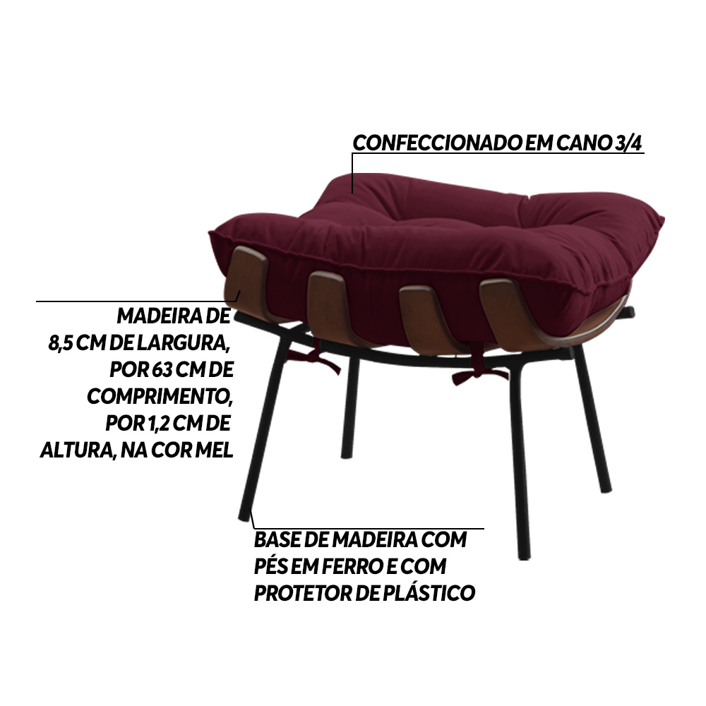 Kit 2 Puffs Decorativos Sala de Estar Abel Base de Madeira Preto Suede Bordô G41 - Gran Belo