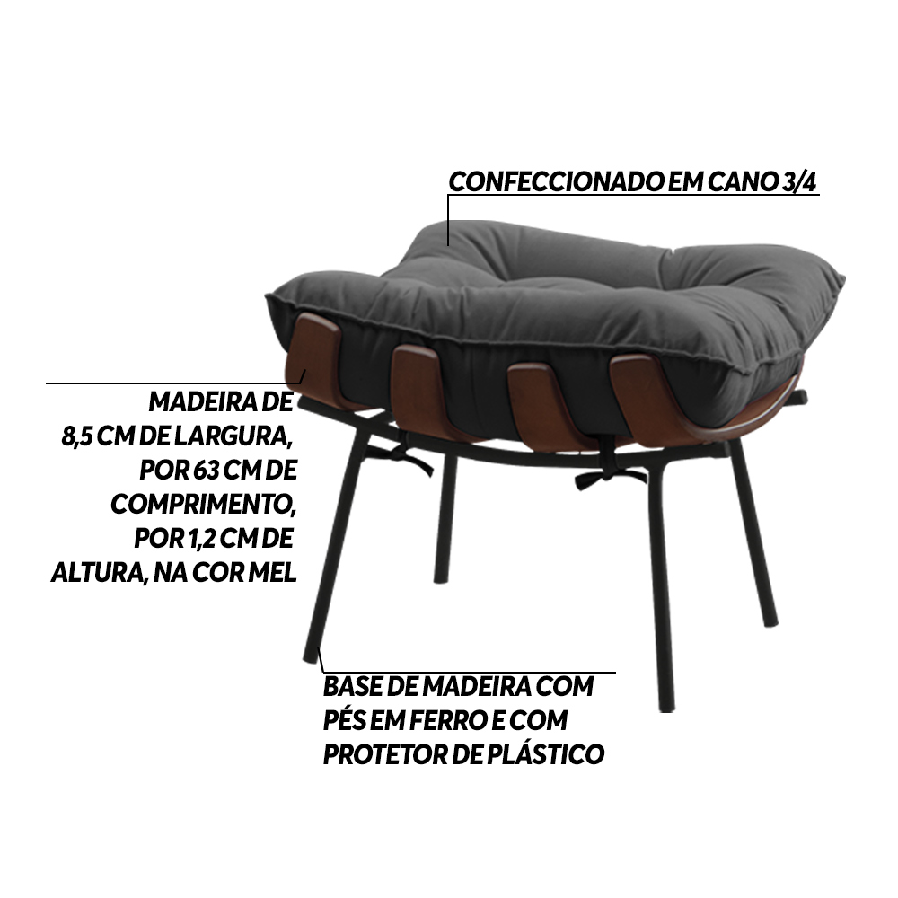 Kit 2 Puffs Decorativos Sala de Estar Abel Base de Madeira Preto Suede Cinza G41 - Gran Belo