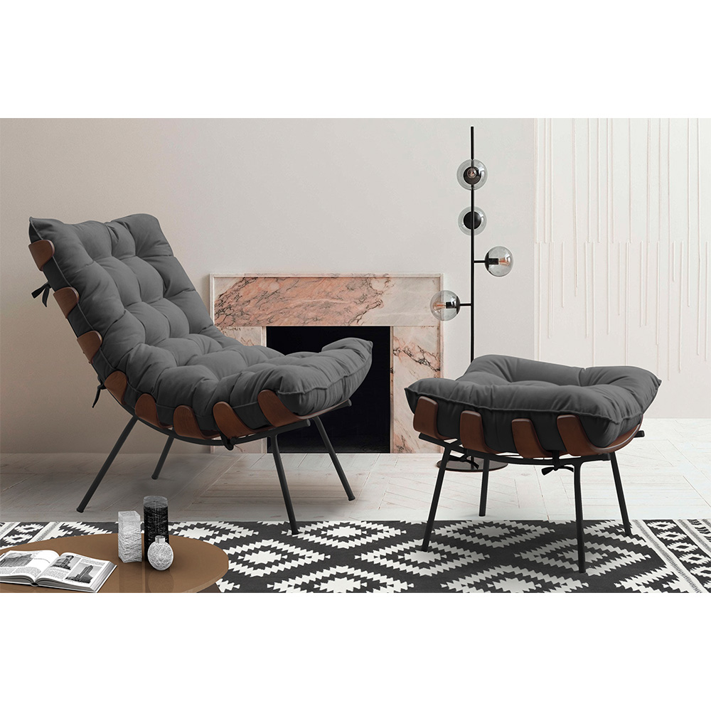 Kit 2 Puffs Decorativos Sala de Estar Abel Base de Madeira Preto Suede Cinza G41 - Gran Belo