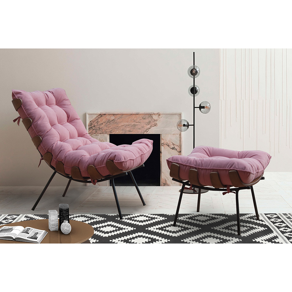 Kit 2 Puffs Decorativos Sala de Estar Abel Base de Madeira Preto Suede Rosa G41 - Gran Belo
