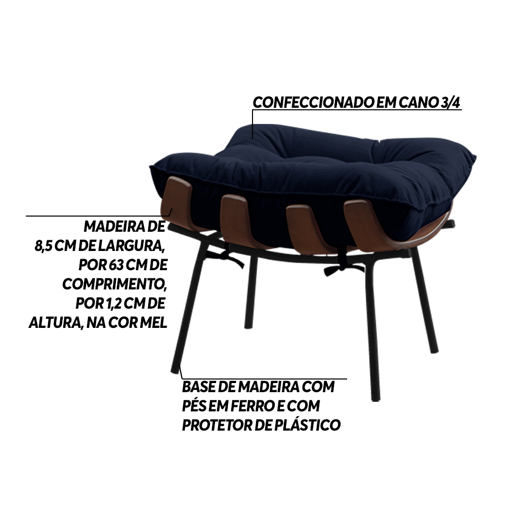 Kit 2 Puffs Decorativos Sala de Estar Abel Base de Madeira Preto Veludo Azul G41 - Gran Belo