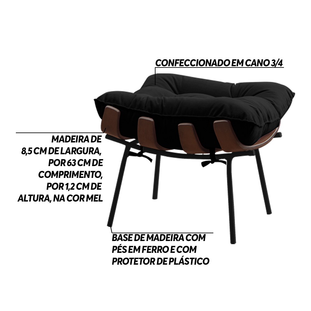 Kit 2 Puffs Decorativos Sala de Estar Abel Base de Madeira Preto Veludo Preto G41 - Gran Belo