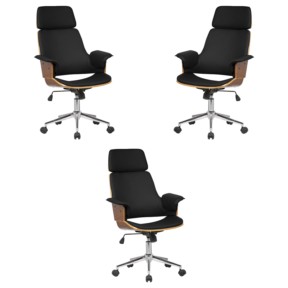Kit 3 Cadeira de Escritório Home Office Decorativas Casemiro PU c/Regulagem de Altura Base Giratória Preto G56 - Gran Belo