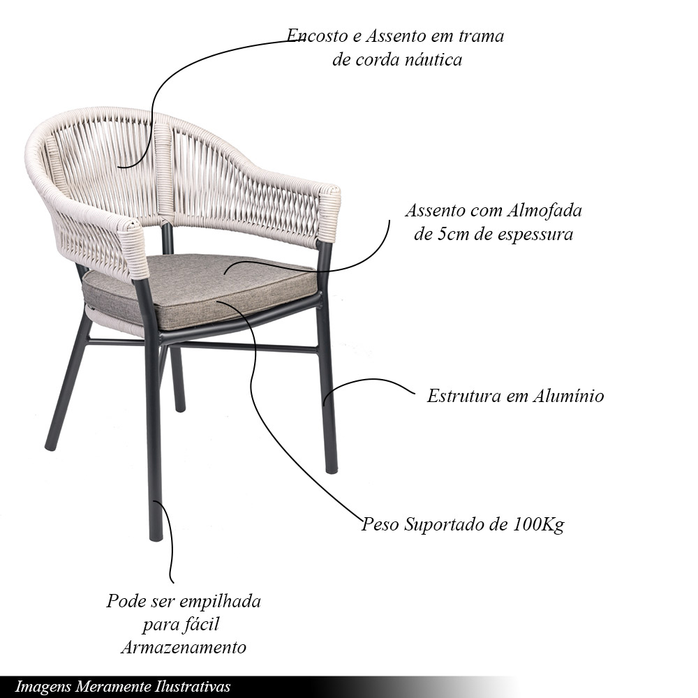 Kit 3 Cadeiras Área Externa de Alumínio Bear com Corda Naútica Grafite/Amêndoa G56 - Gran Belo