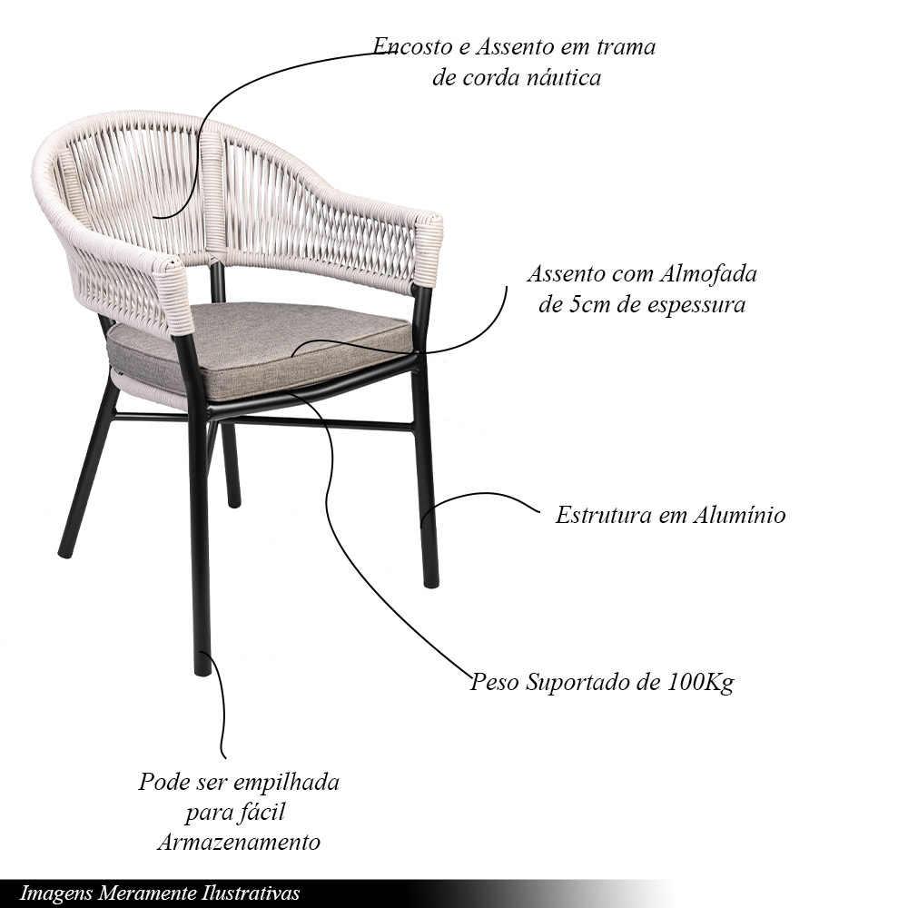 Kit 3 Cadeiras Área Externa de Alumínio Bear com Corda Naútica Preto/Amêndoa G56 - Gran Belo