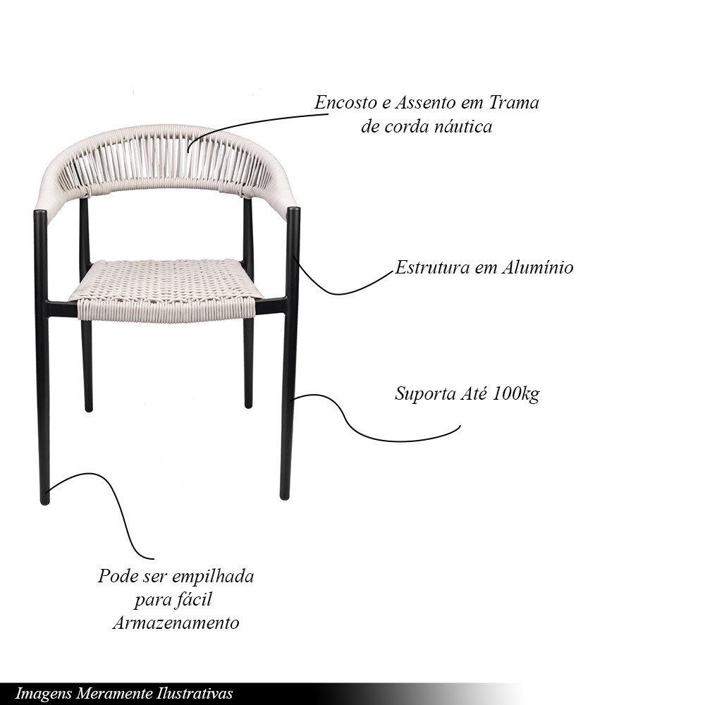 Kit 3 Cadeiras Área Externa de Alumínio Carmy com Corda Naútica Preto/Amêndoa G56 - Gran Belo