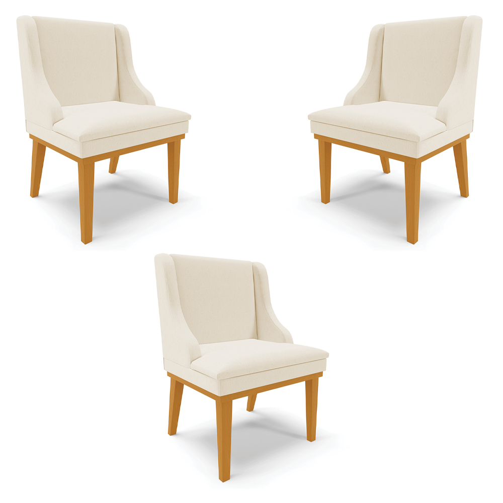 Kit 3 Cadeiras Decorativas Sala de Jantar Base Fixa de Madeira Firenze Linho Bege/Castanho G19 - Gran Belo