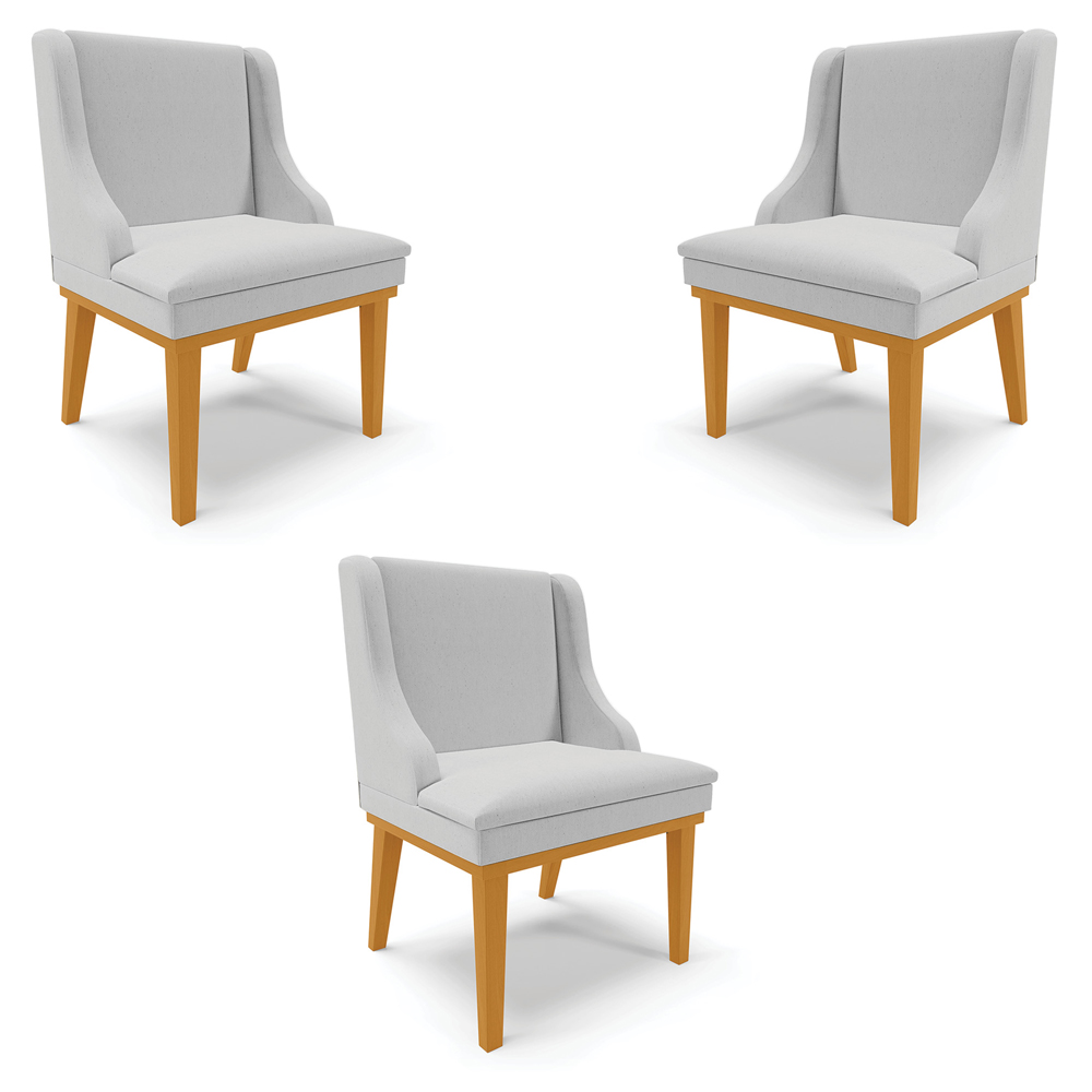 Kit 3 Cadeiras Decorativas Sala de Jantar Base Fixa de Madeira Firenze Linho Cinza/Castanho G19 - Gran Belo