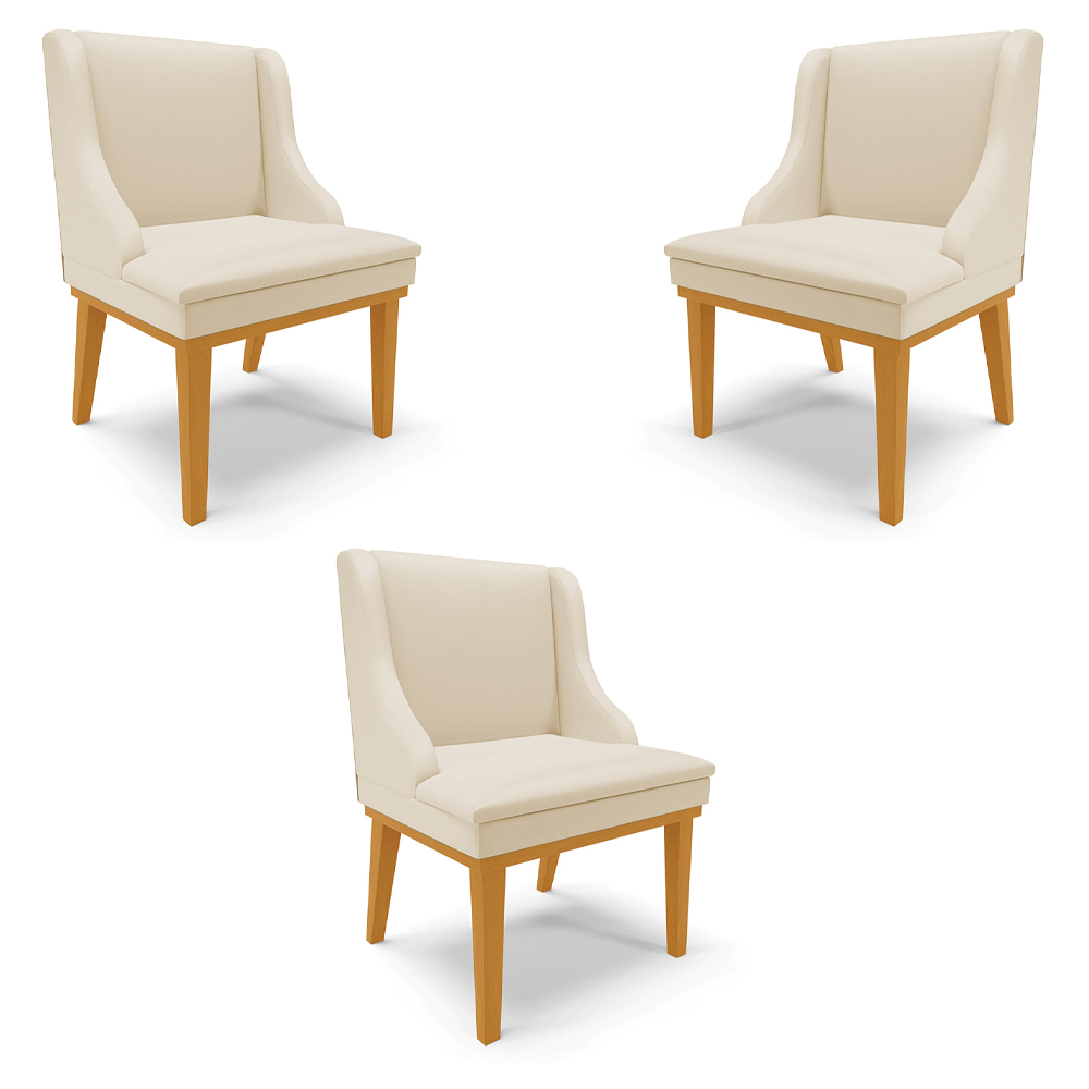 Kit 3 Cadeiras Decorativas Sala de Jantar Base Fixa de Madeira Firenze PU Bege/Castanho G19 - Gran Belo