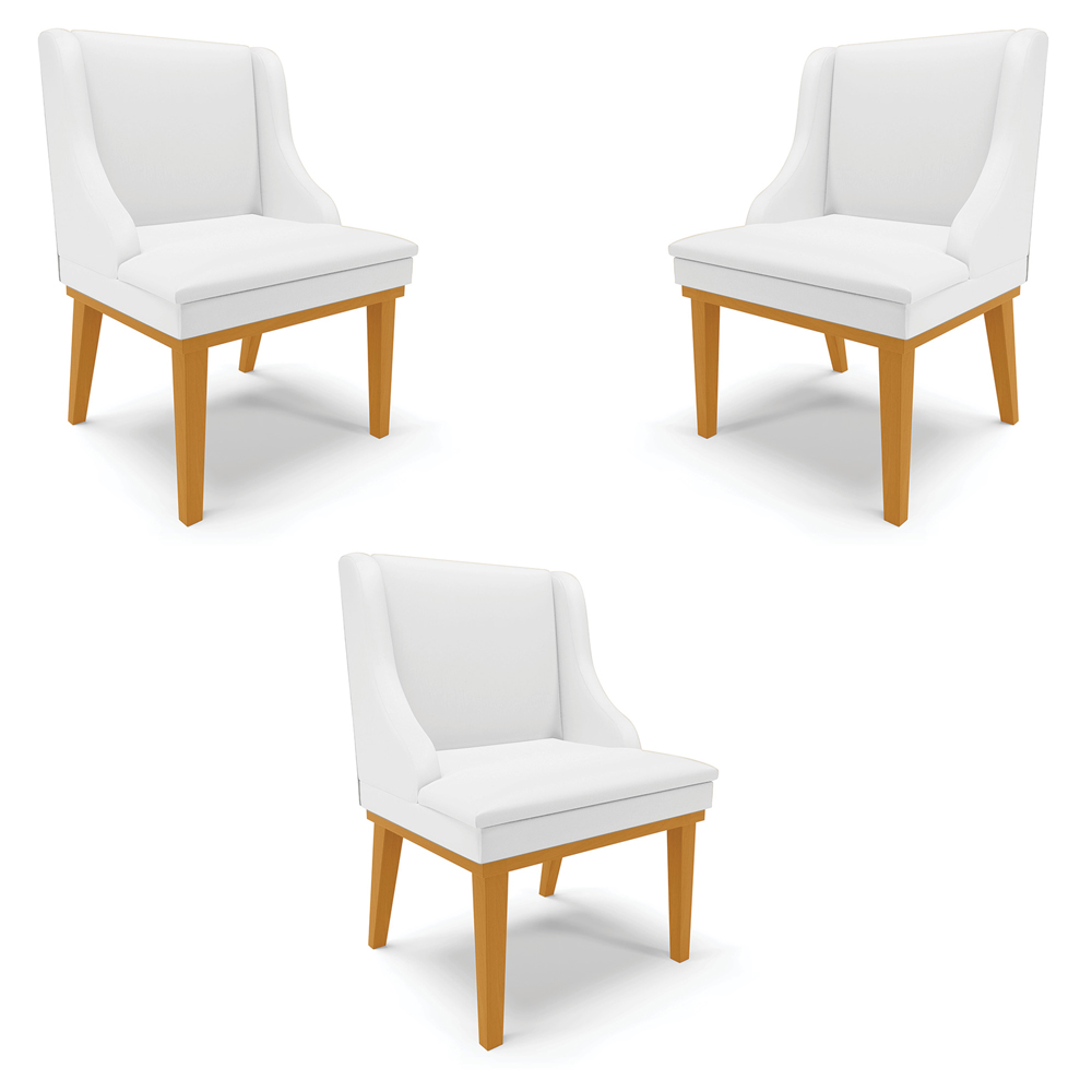 Kit 3 Cadeiras Decorativas Sala de Jantar Base Fixa de Madeira Firenze PU Branco Fosco/Castanho G19 - Gran Belo
