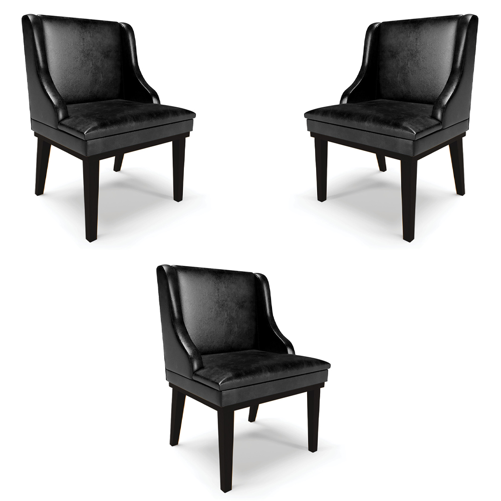 Kit 3 Cadeiras Decorativas Sala de Jantar Base Fixa de Madeira Firenze PU Preto Brilho G19 - Gran Belo