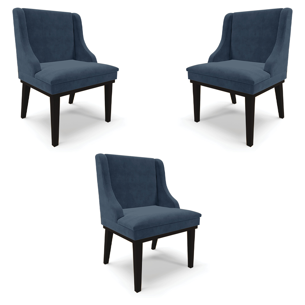 Kit 3 Cadeiras Decorativas Sala de Jantar Base Fixa de Madeira Firenze Suede Azul Marinho/Preto G19 - Gran Belo