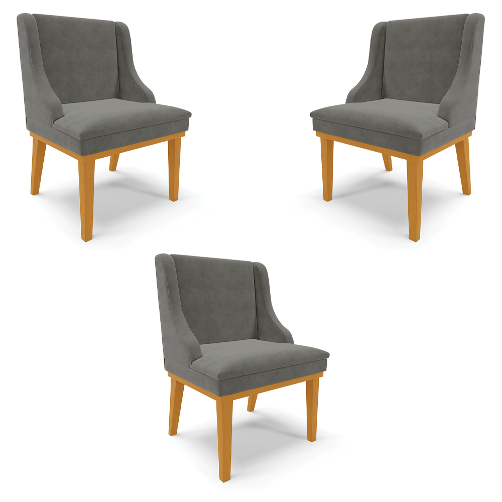 Kit 3 Cadeiras Decorativas Sala de Jantar Base Fixa de Madeira Firenze Suede Grafite/Castanho G19 - Gran Belo