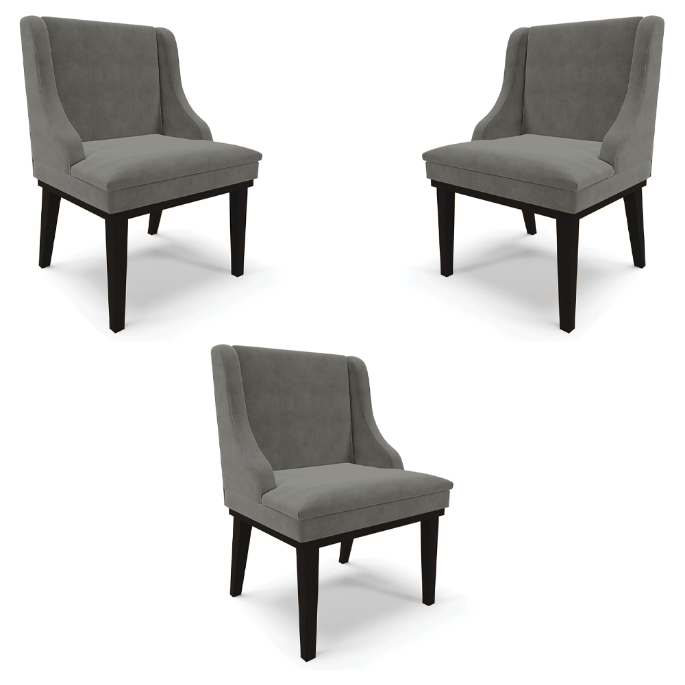 Kit 3 Cadeiras Decorativas Sala de Jantar Base Fixa de Madeira Firenze Suede Grafite/Preto G19 - Gran Belo