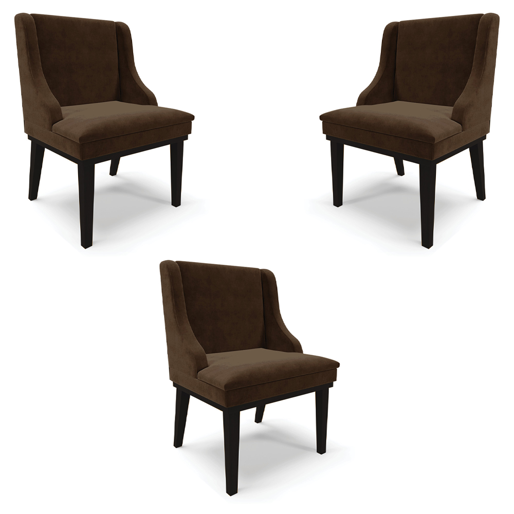 Kit 3 Cadeiras Decorativas Sala de Jantar Base Fixa de Madeira Firenze Suede Marrom/Preto G19 - Gran Belo