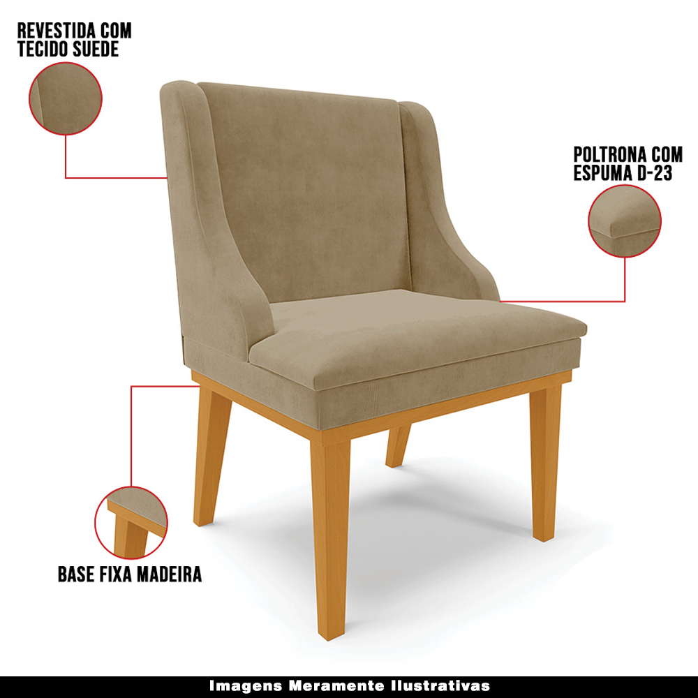 Kit 3 Cadeiras Decorativas Sala de Jantar Base Fixa de Madeira Firenze Suede Nude/Castanho G19 - Gran Belo