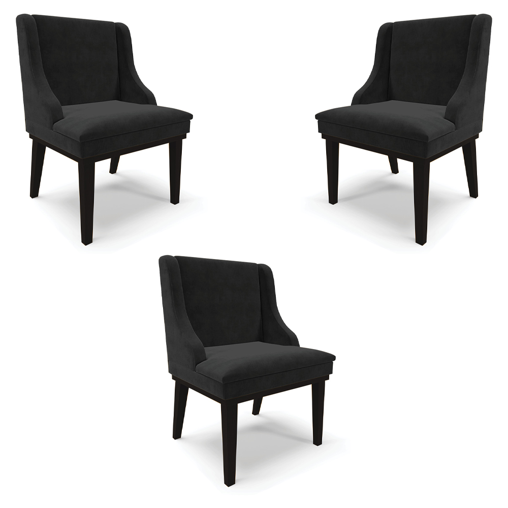 Kit 3 Cadeiras Decorativas Sala de Jantar Base Fixa de Madeira Firenze Suede Preto G19 - Gran Belo
