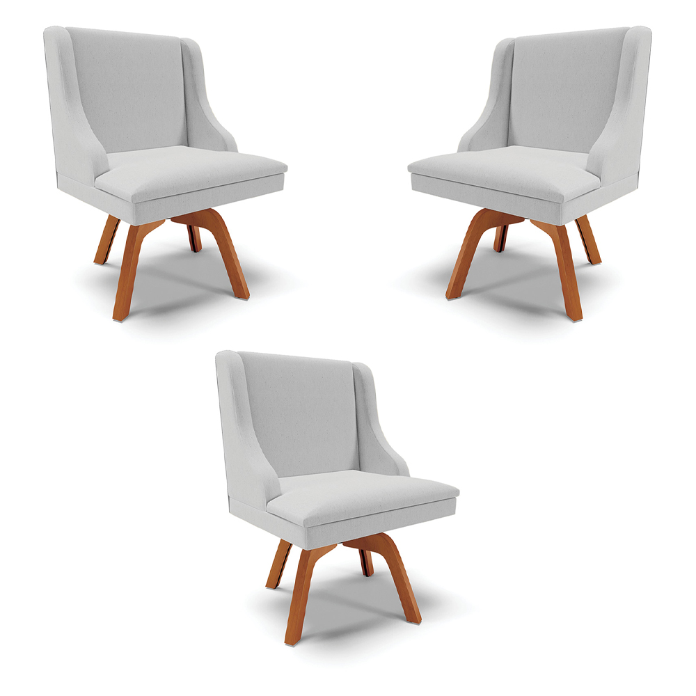Kit 3 Cadeiras Decorativas Sala de Jantar Base Giratória de Madeira Firenze Linho Cinza/Natural G19 - Gran Belo