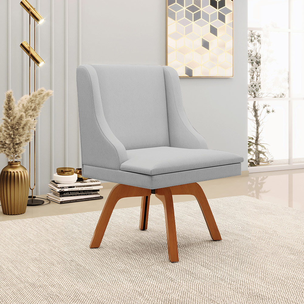 Kit 3 Cadeiras Decorativas Sala de Jantar Base Giratória de Madeira Firenze Linho Cinza/Natural G19 - Gran Belo