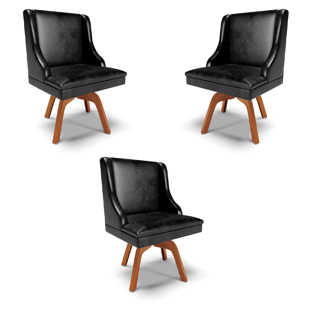 Kit 3 Cadeiras Decorativas Sala de Jantar Base Giratória de Madeira Firenze PU Preto Brilho/Natural G19 - Gran Belo