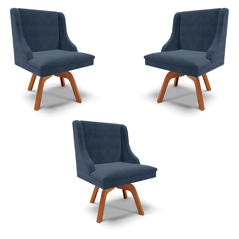 Kit 3 Cadeiras Decorativas Sala de Jantar Base Giratória de Madeira Firenze Suede Azul Marinho/Natural G19 - Gran Belo