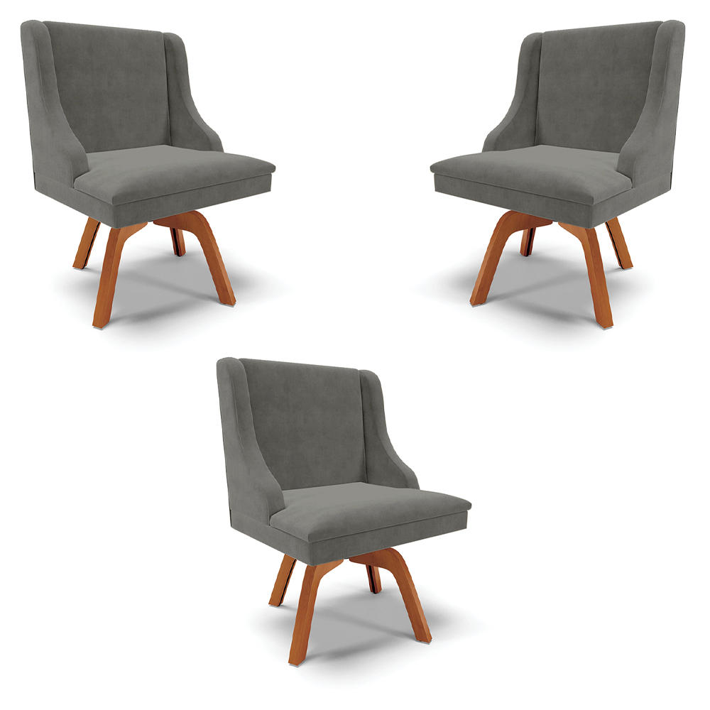 Kit 3 Cadeiras Decorativas Sala de Jantar Base Giratória de Madeira Firenze Suede Grafite/Natural G19 - Gran Belo