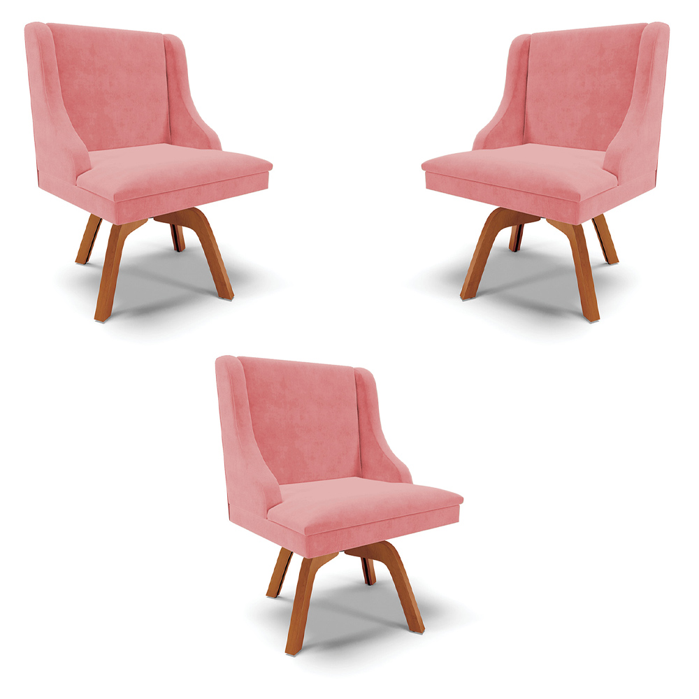 Kit 3 Cadeiras Decorativas Sala de Jantar Base Giratória de Madeira Firenze Suede Rosê/Natural G19 - Gran Belo