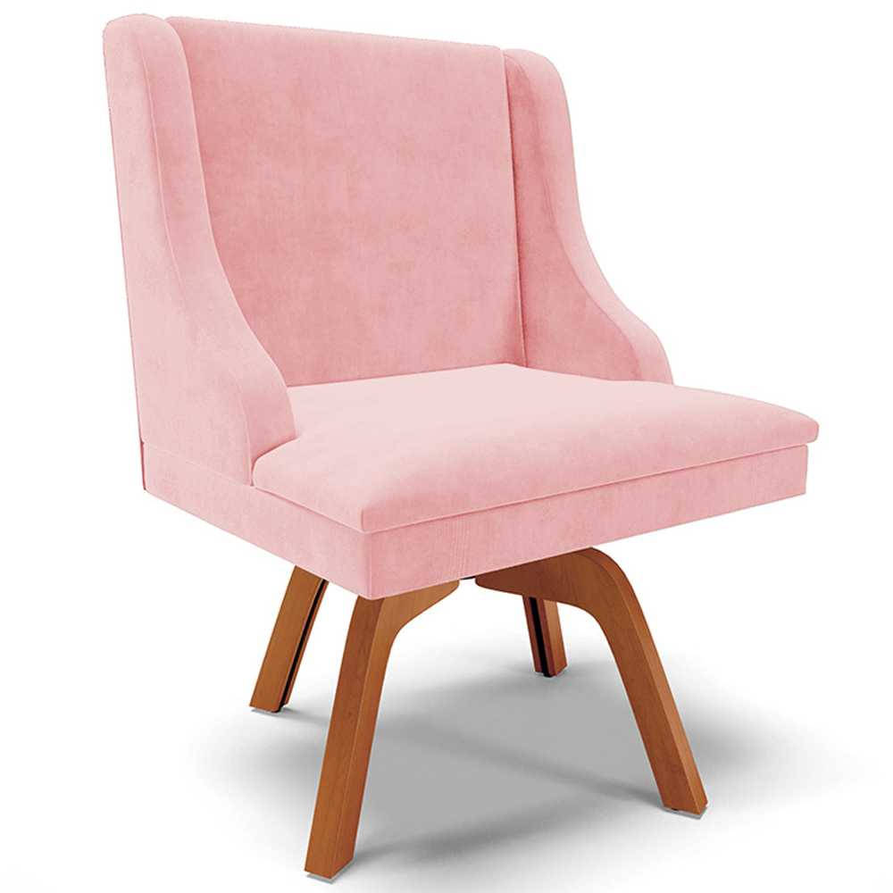 Kit 3 Cadeiras Decorativas Sala de Jantar Base Giratória de Madeira Firenze Suede Rosa Bebê/Natural G19 - Gran Belo